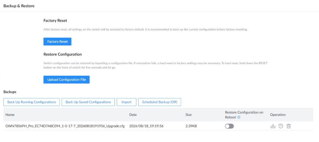 Backup and Restore page showing Scheduled Backup and Restore Configuration on Reboot