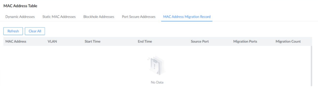 MAC Address Migration Record table with source port, migration ports, and migration count