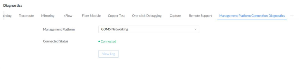 Management Platform Connection Diagnostics page showing platform selection, connected status, and View Log