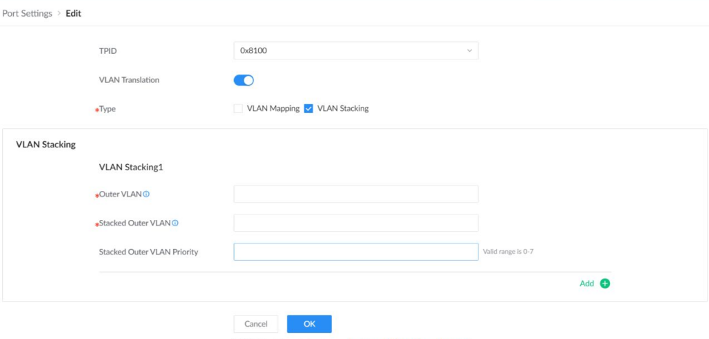 VLAN Port Settings showing VLAN Translation enabled with VLAN Mapping and VLAN Stacking options