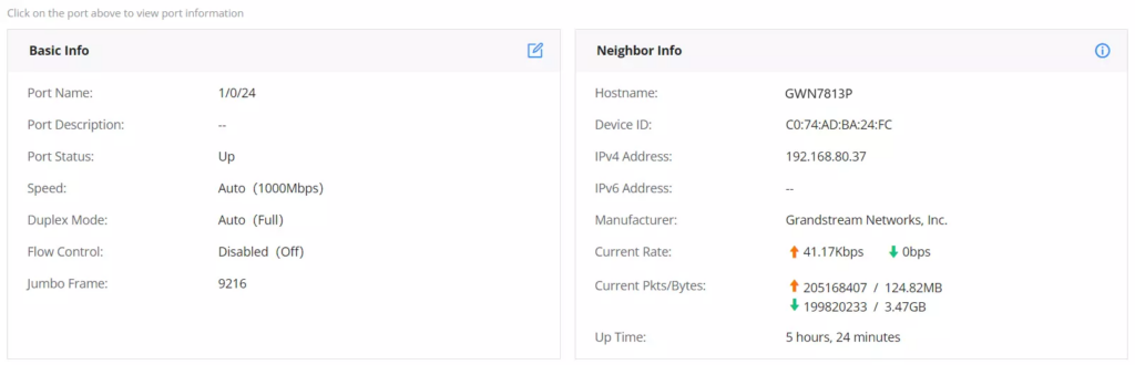 Port information page showing Basic Info and Neighbor Info for a connected GWN7813P