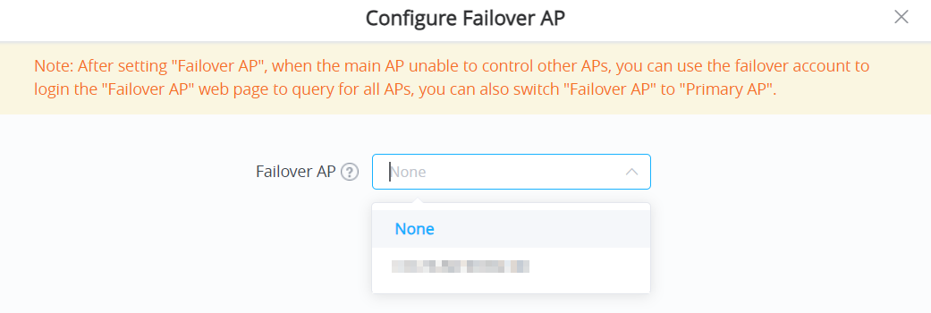 Current Configure Failover AP dialog showing a visibly pixelated access point MAC address