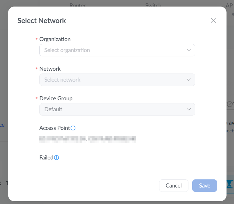 Current GDMS Networking Select Network dialog with Organization, Network, and Device Group fields and two visibly pixelated MAC addresses