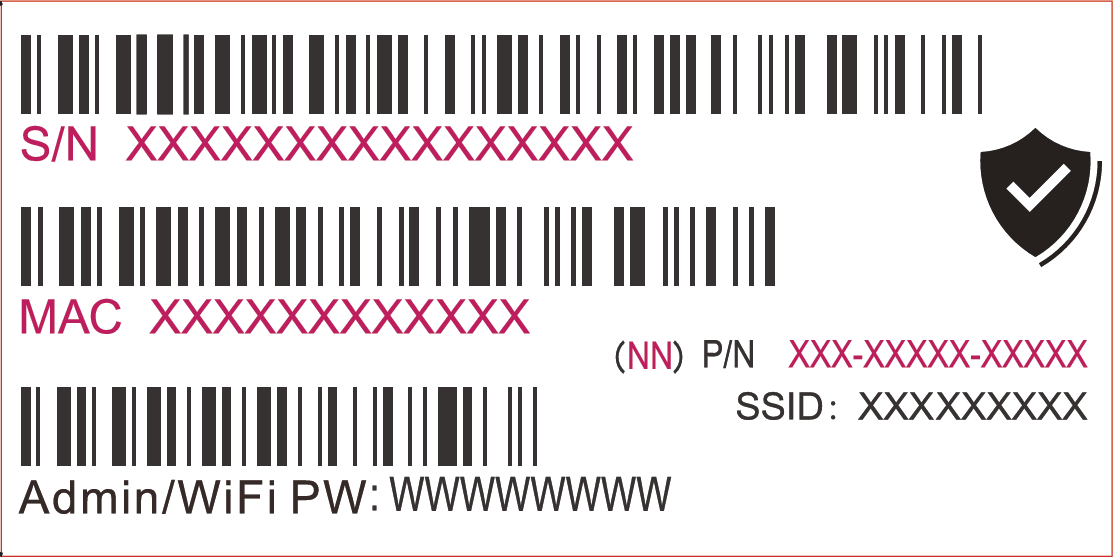 Anonymized GWN access point product label showing serial number, MAC address, part number, SSID, and administrator Wi-Fi password fields