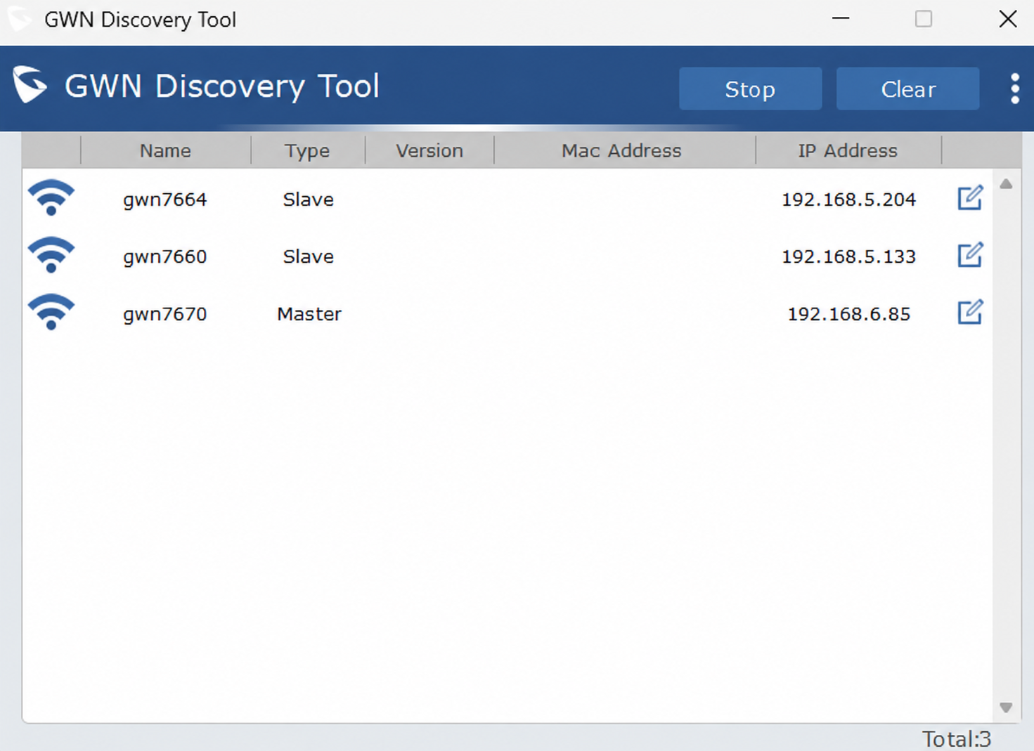 GWN Discovery Tool showing active GWN access point models with version and MAC address information redacted
