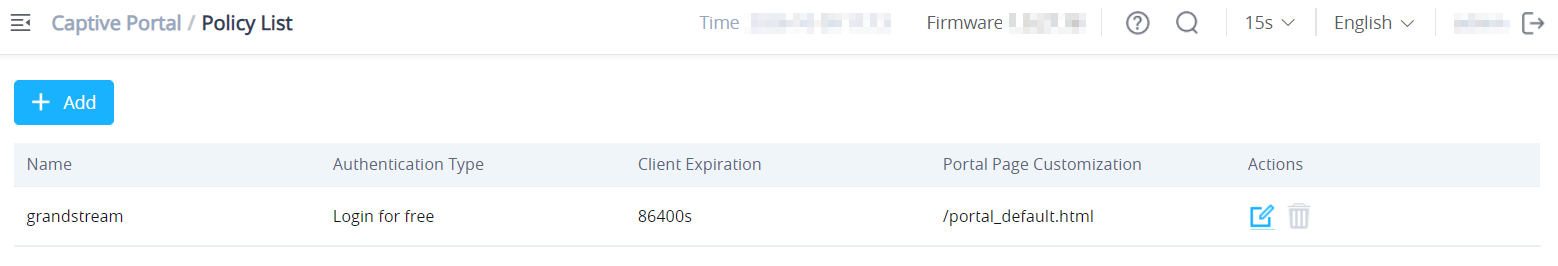 Captive Portal Policy List showing policy name, authentication type, client expiration, portal page customization, and actions