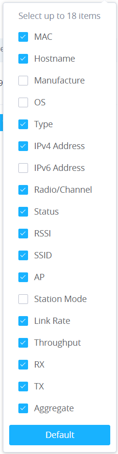 Current Clients Column Settings menu listing up to 18 items including separate RX and TX columns