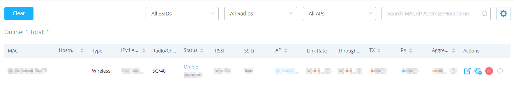 Current GWN7670 Clients page with SSID, radio, and AP filters, search, client columns, and action icons