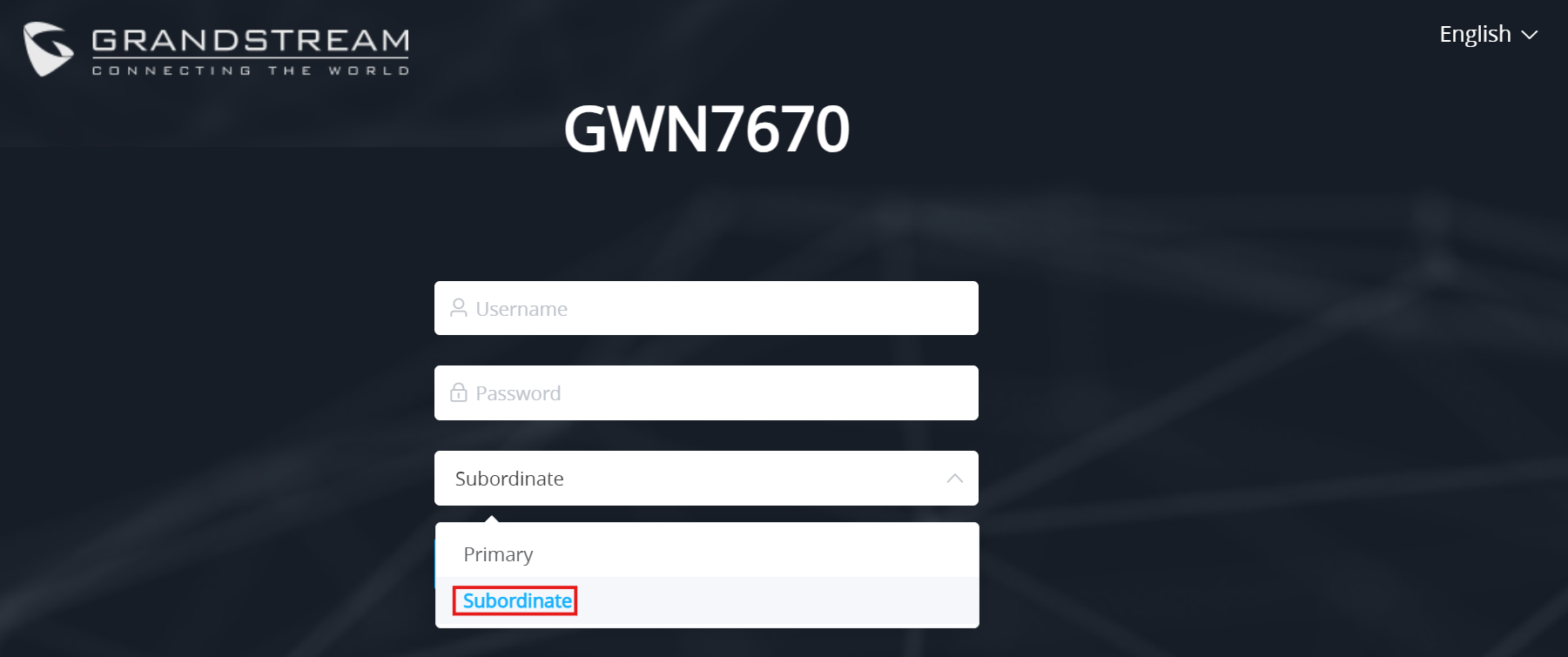 GWN7670 login page with Primary and Subordinate role options and Subordinate highlighted