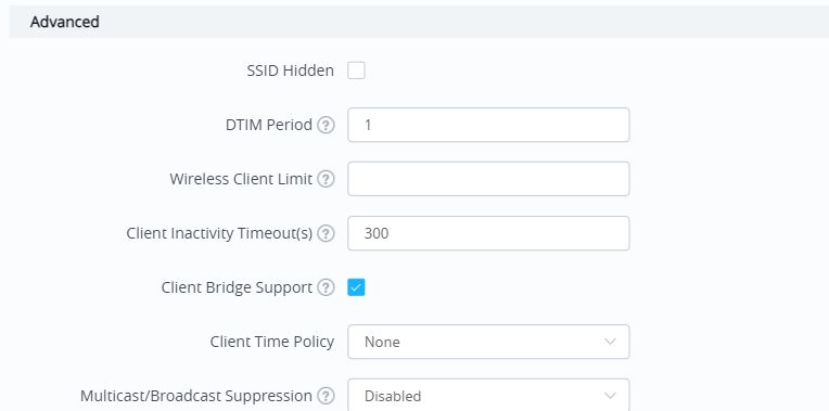 Advanced SSID settings with Client Bridge Support enabled