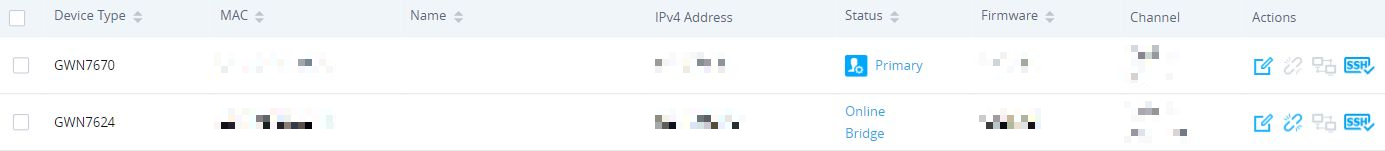 Access Points Configuration table showing a secondary access point with Online Bridge status; identifiers are pixelated