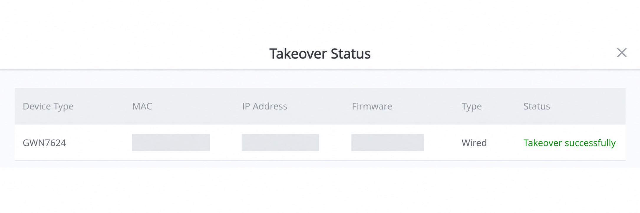 Successful takeover status with identifying information redacted